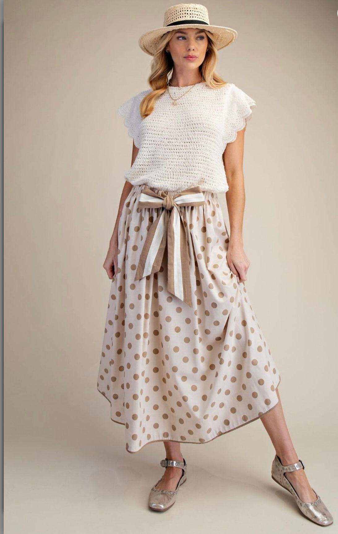 Tie Wasted Polka Dots Linen Flare Maxi Skirt