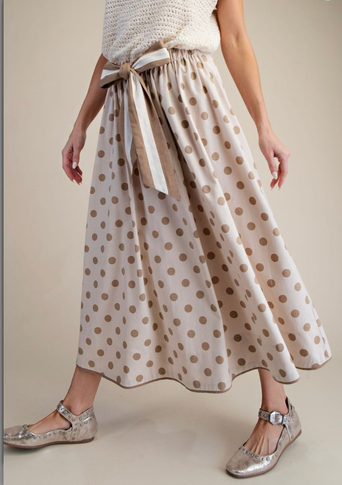 Tie Wasted Polka Dots Linen Flare Maxi Skirt