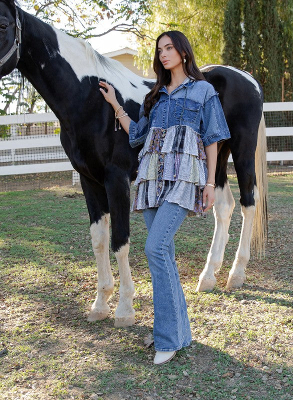 Boho Western Hooded Denim Shirt with Ruffle Hem