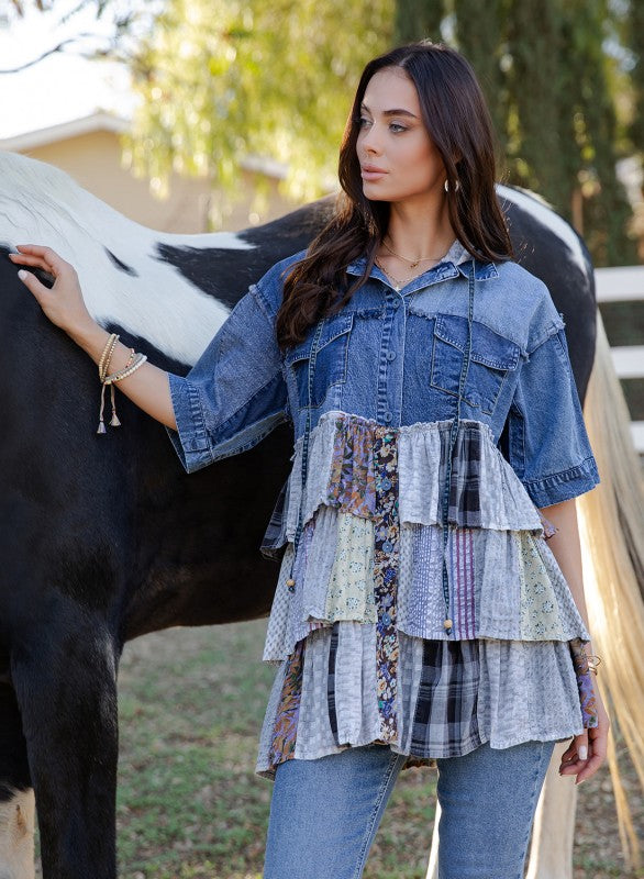 Boho Western Hooded Denim Shirt with Ruffle Hem