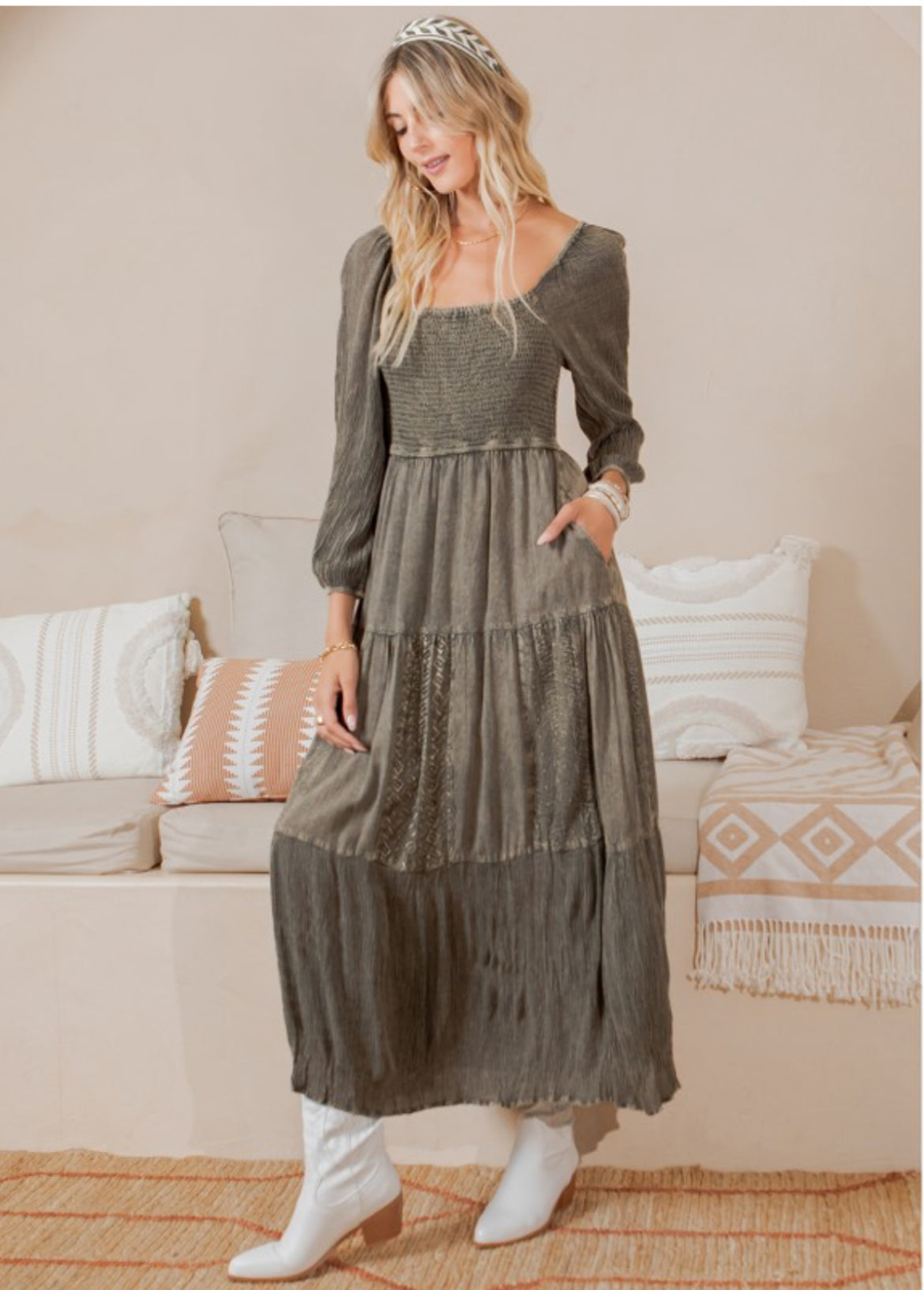 Embroidery Delight Square Neck Mid-Length Dress