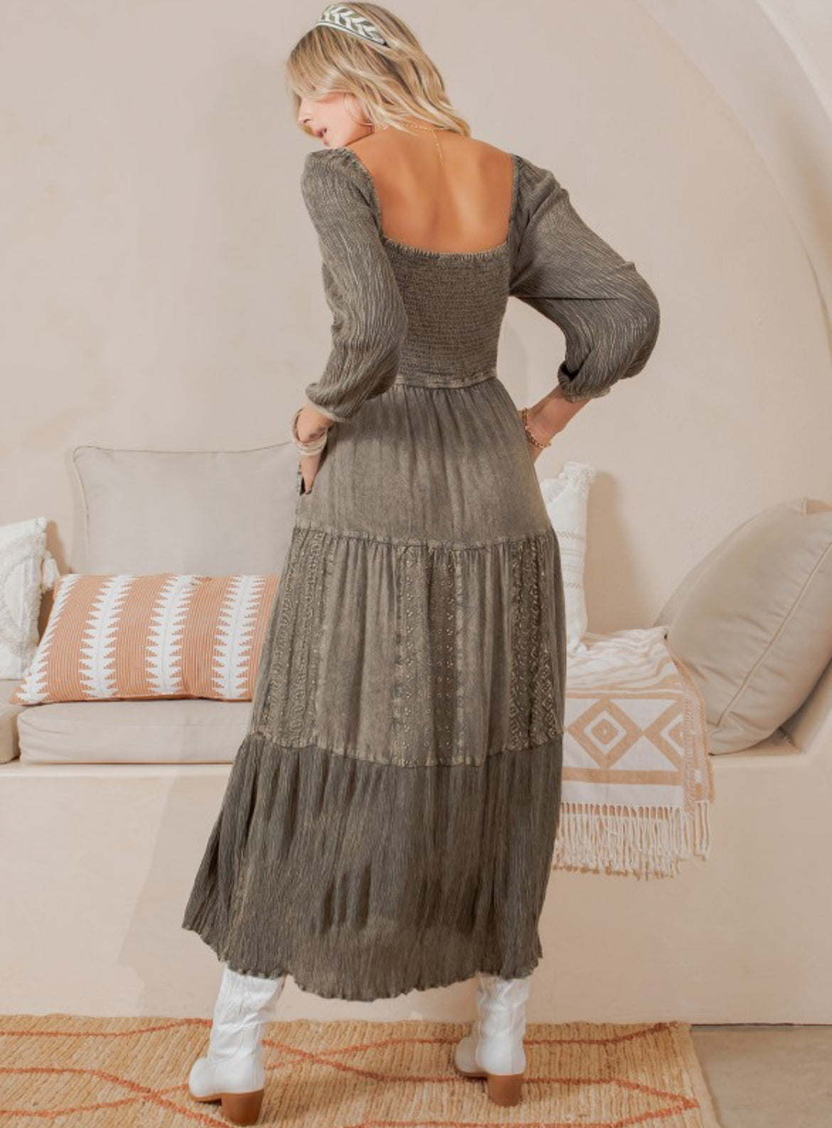 Embroidery Delight Square Neck Mid-Length Dress
