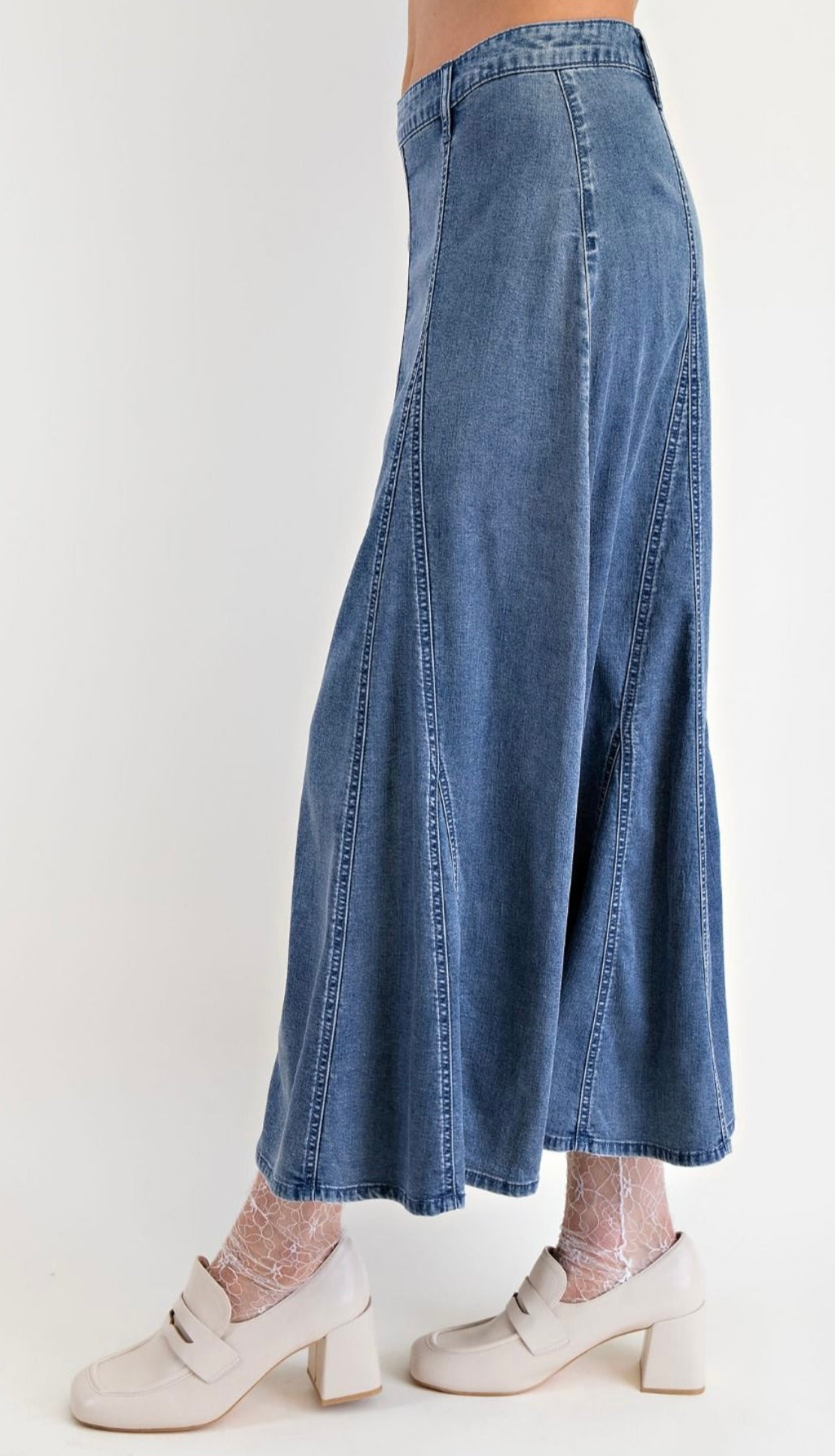 A Line Washed Denim Maxi Skirt