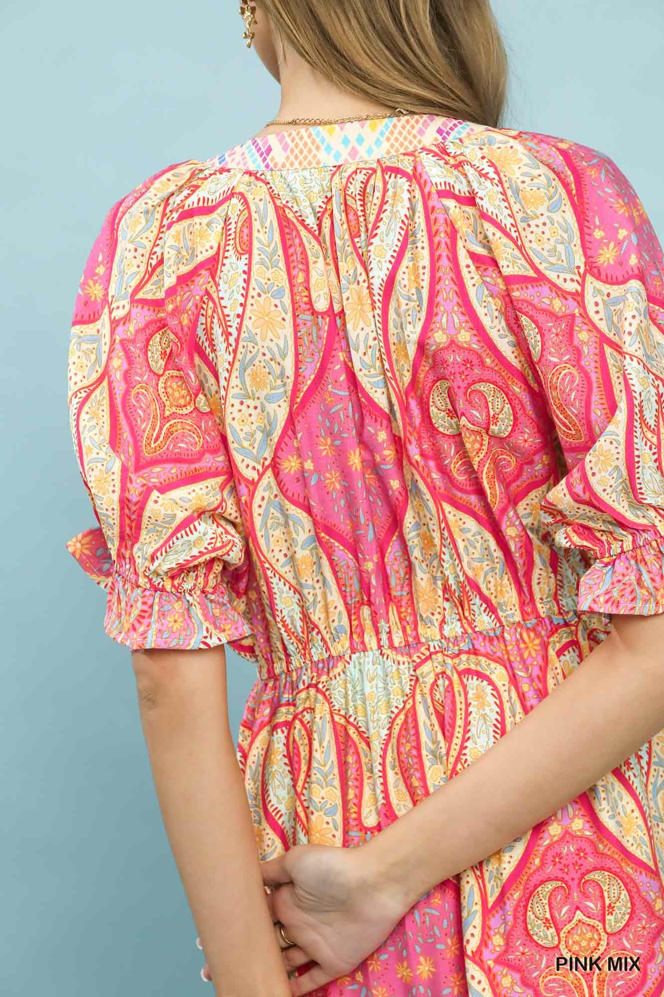 Boho Paisley Mix Puff Sleeve Midi Dress