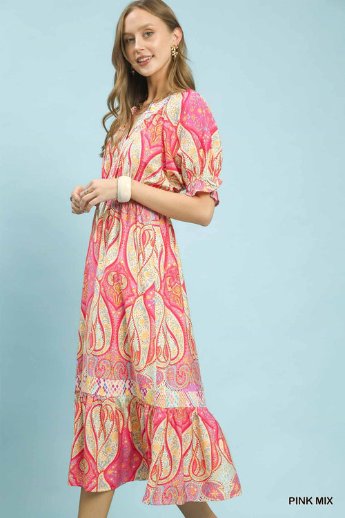 Boho Paisley Mix Puff Sleeve Midi Dress