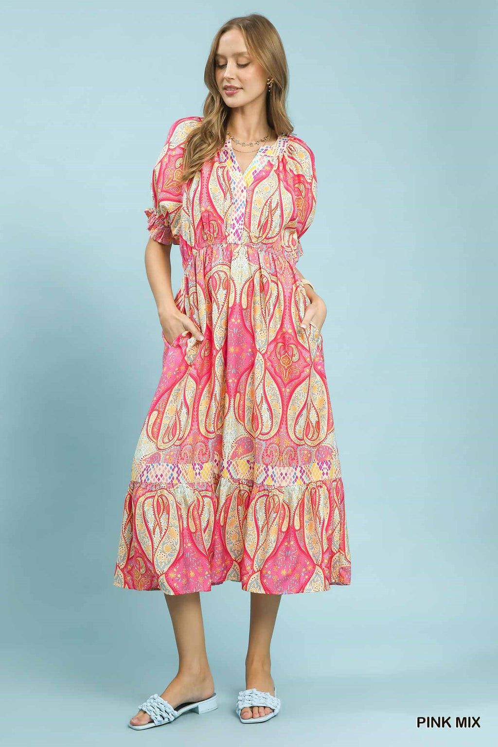 Boho Paisley Mix Puff Sleeve Midi Dress