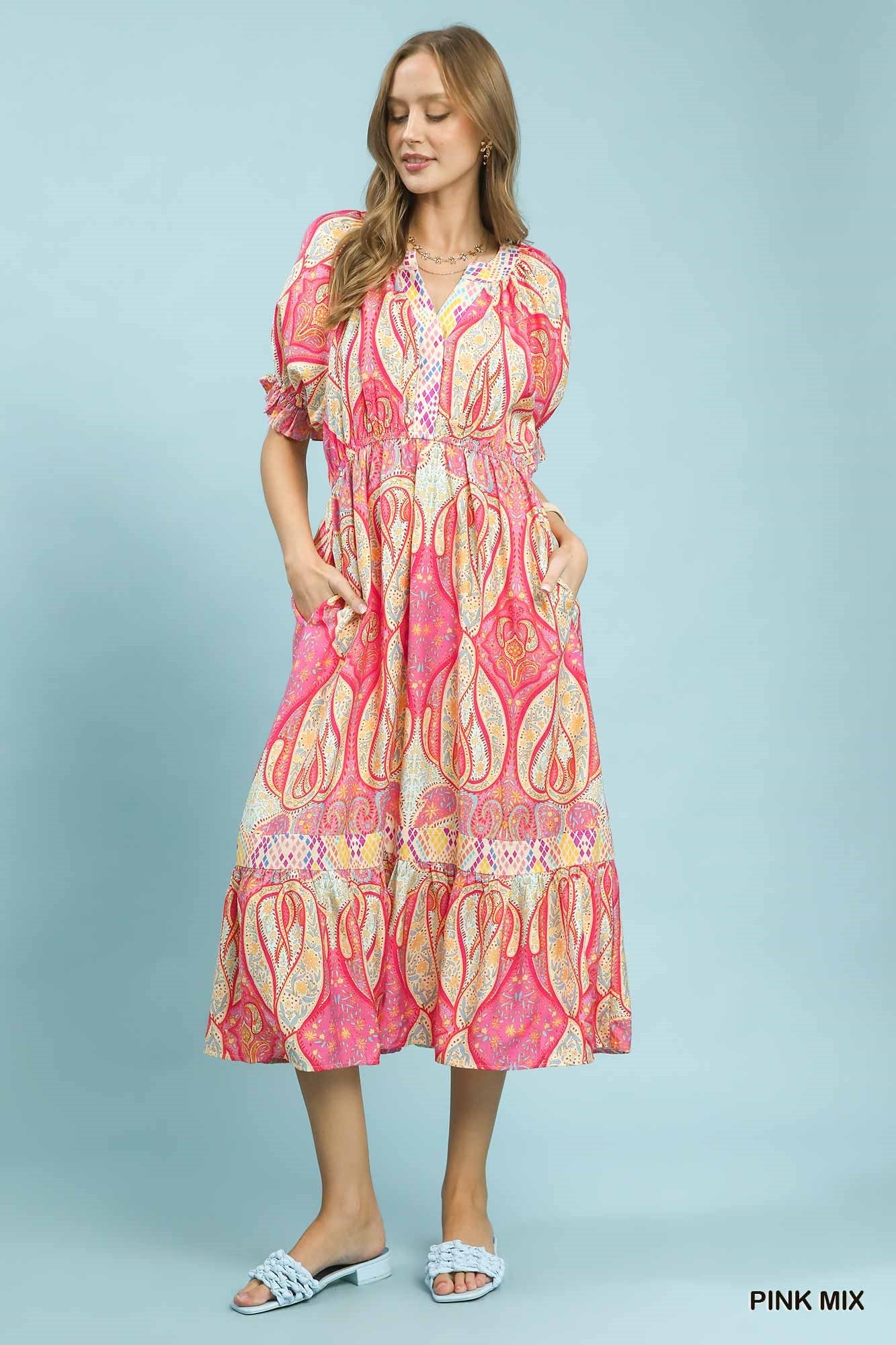 Boho Paisley Mix Puff Sleeve Midi Dress