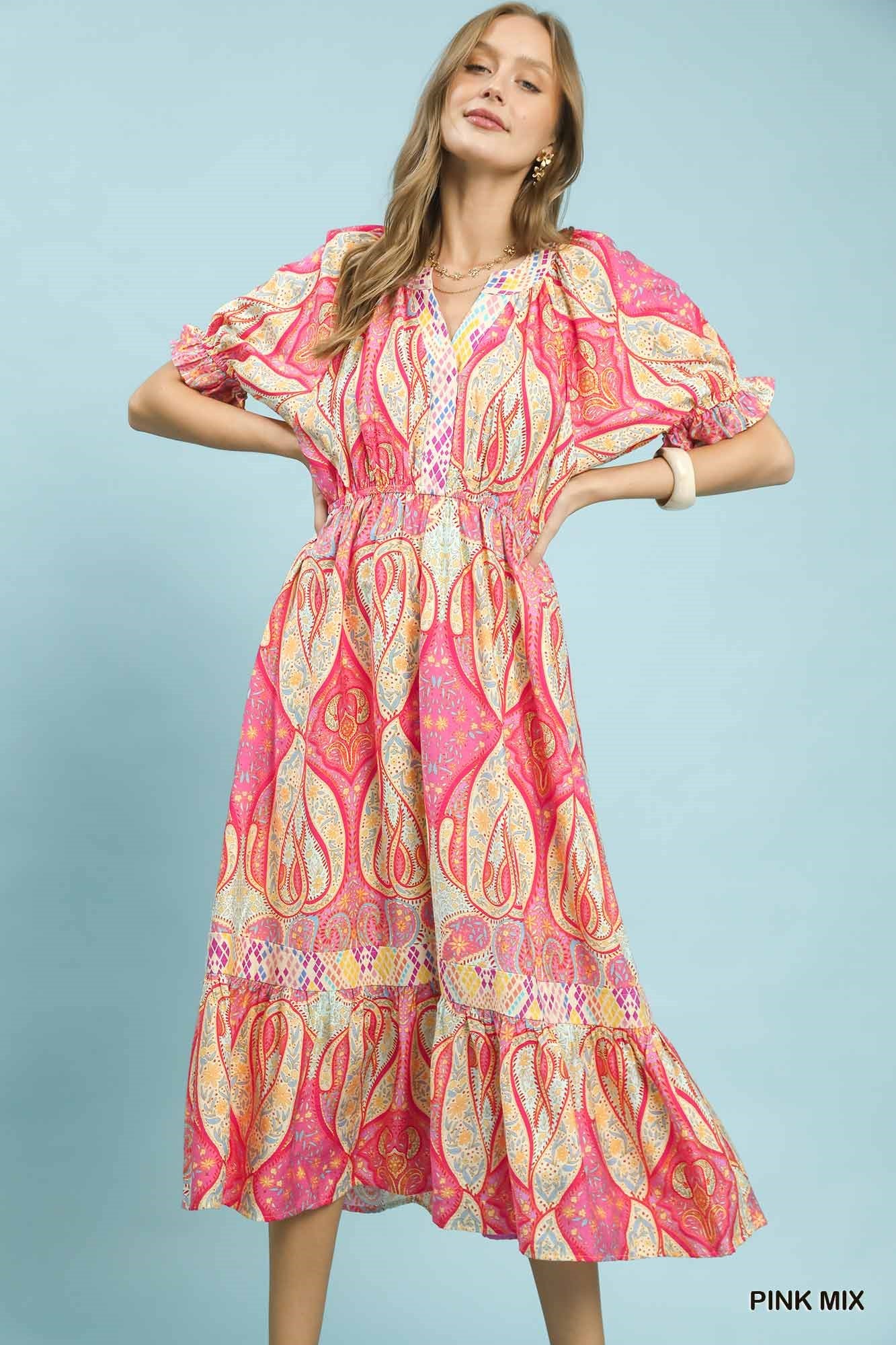 Boho Paisley Mix Puff Sleeve Midi Dress