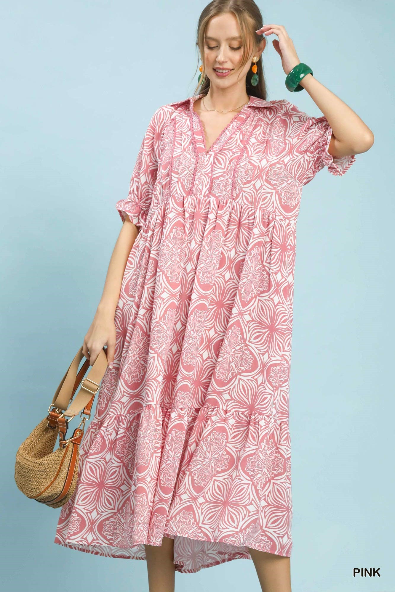 Abstract Print Collared Tiered Midi Dress