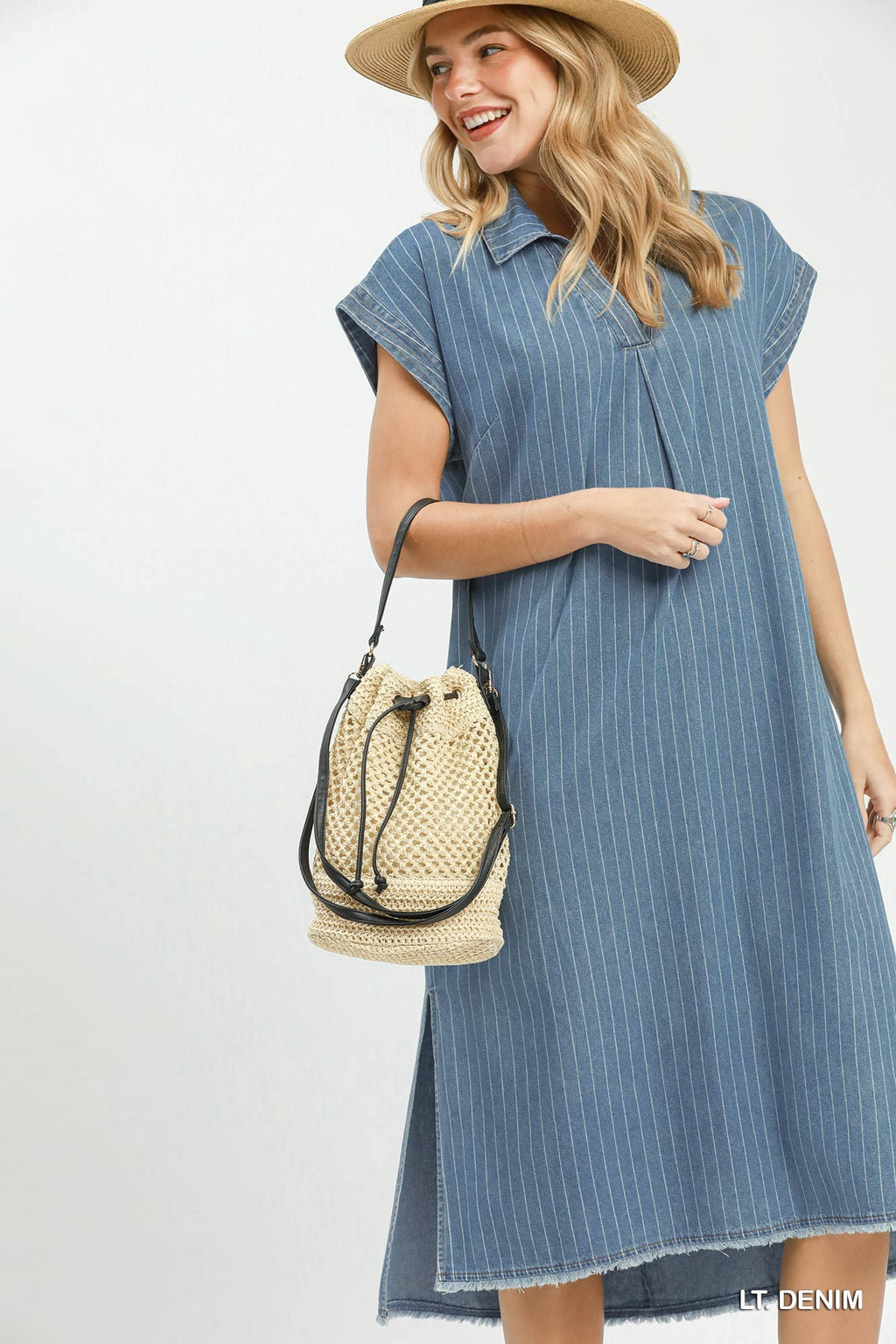 Pinstripe Denim Collared Midi Dress