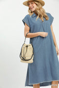 Pinstripe Denim Collared Midi Dress