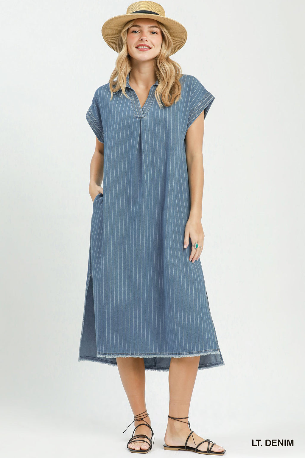 Pinstripe Denim Collared Midi Dress