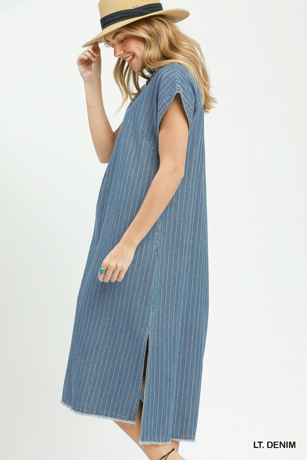 Pinstripe Denim Collared Midi Dress