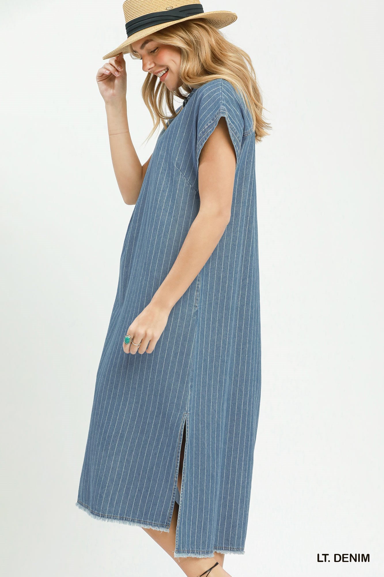 Pinstripe Denim Collared Midi Dress