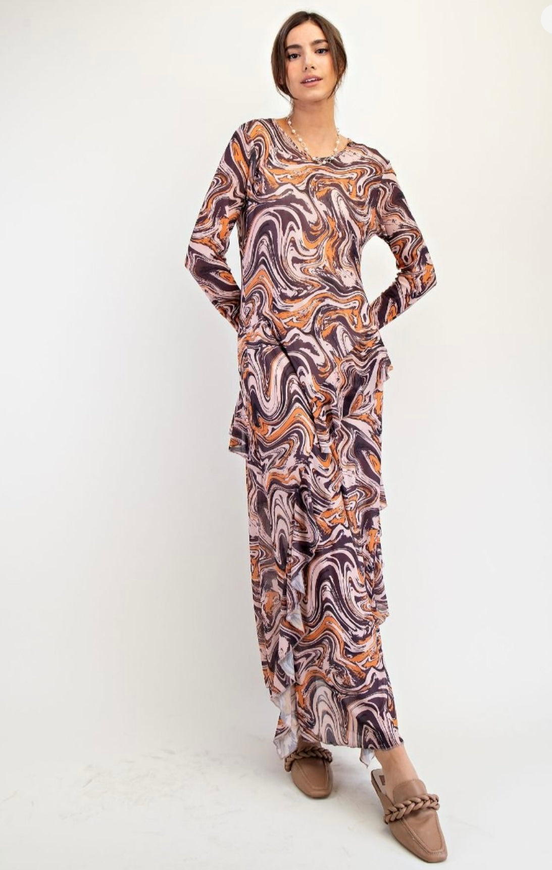 Geo Print Mesh Maxi Dress