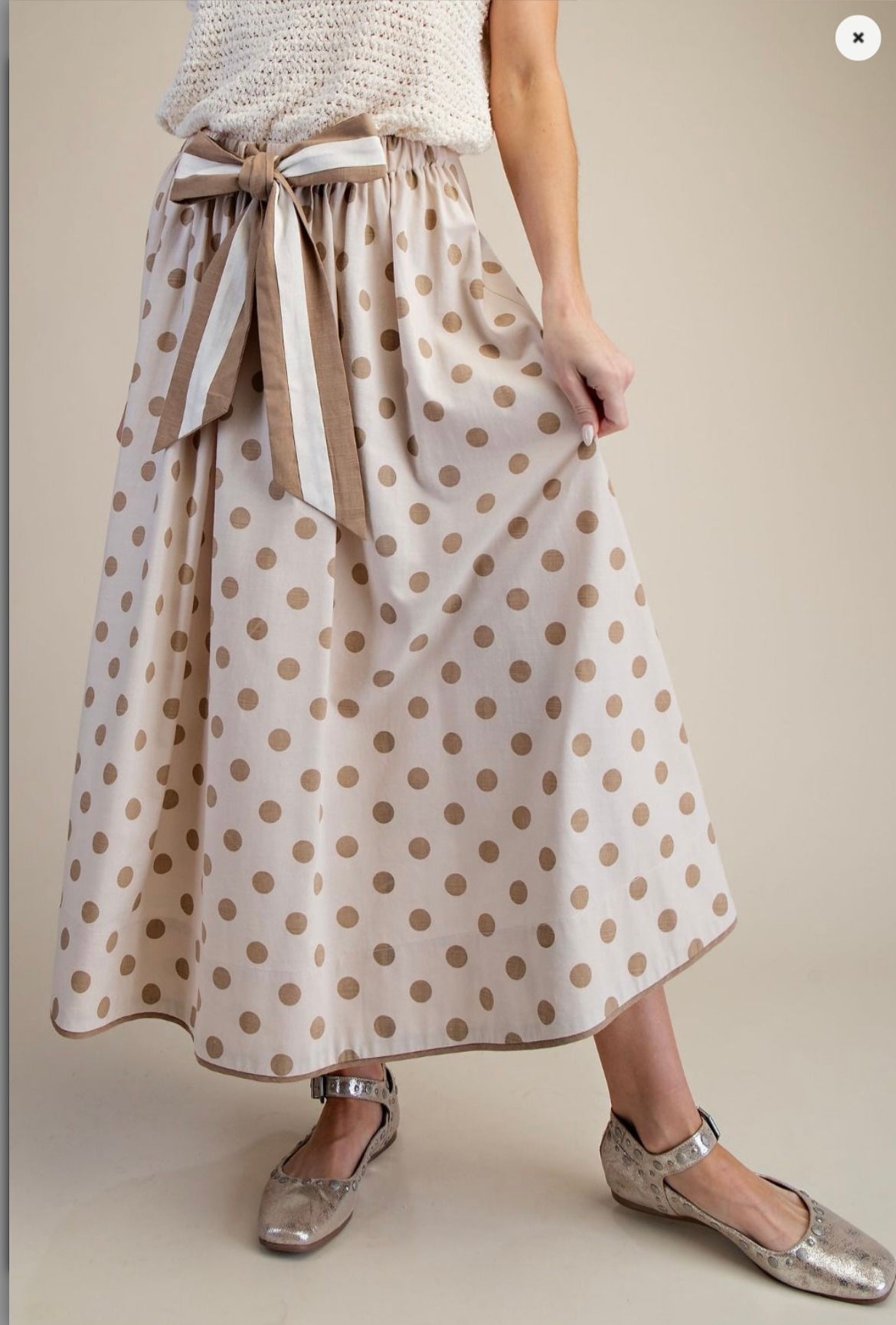 Tie Wasted Polka Dots Linen Flare Maxi Skirt