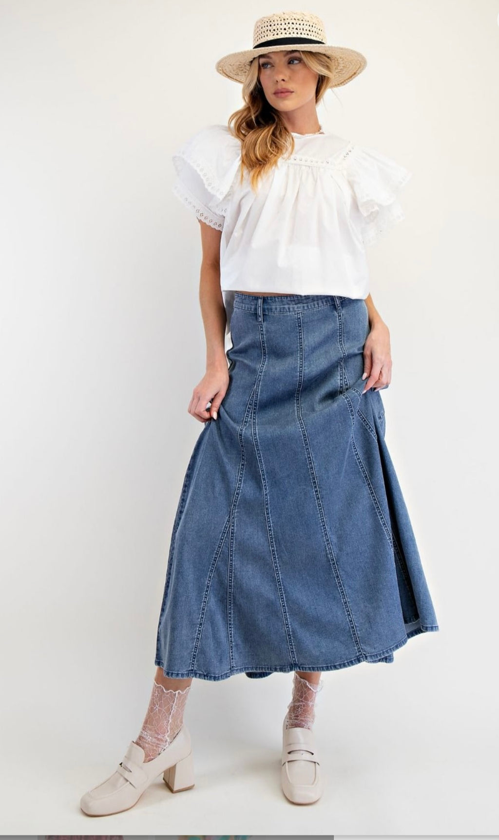 A Line Washed Denim Maxi Skirt