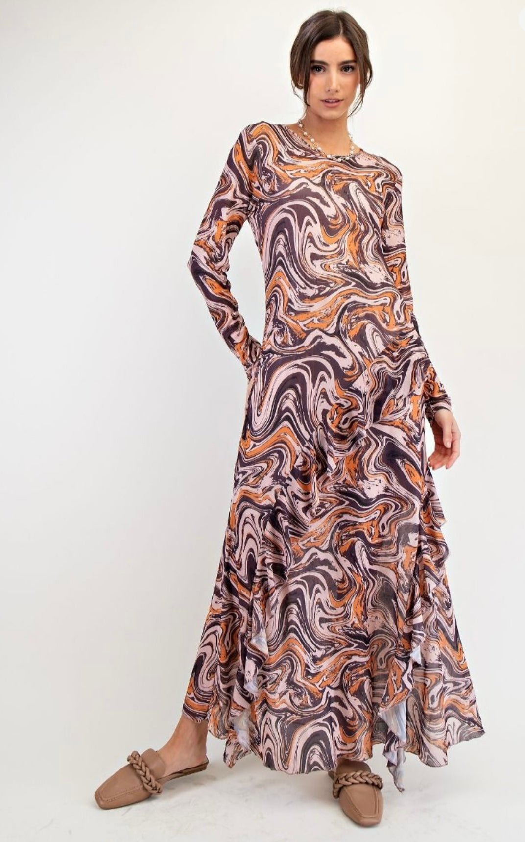 Geo Print Mesh Maxi Dress