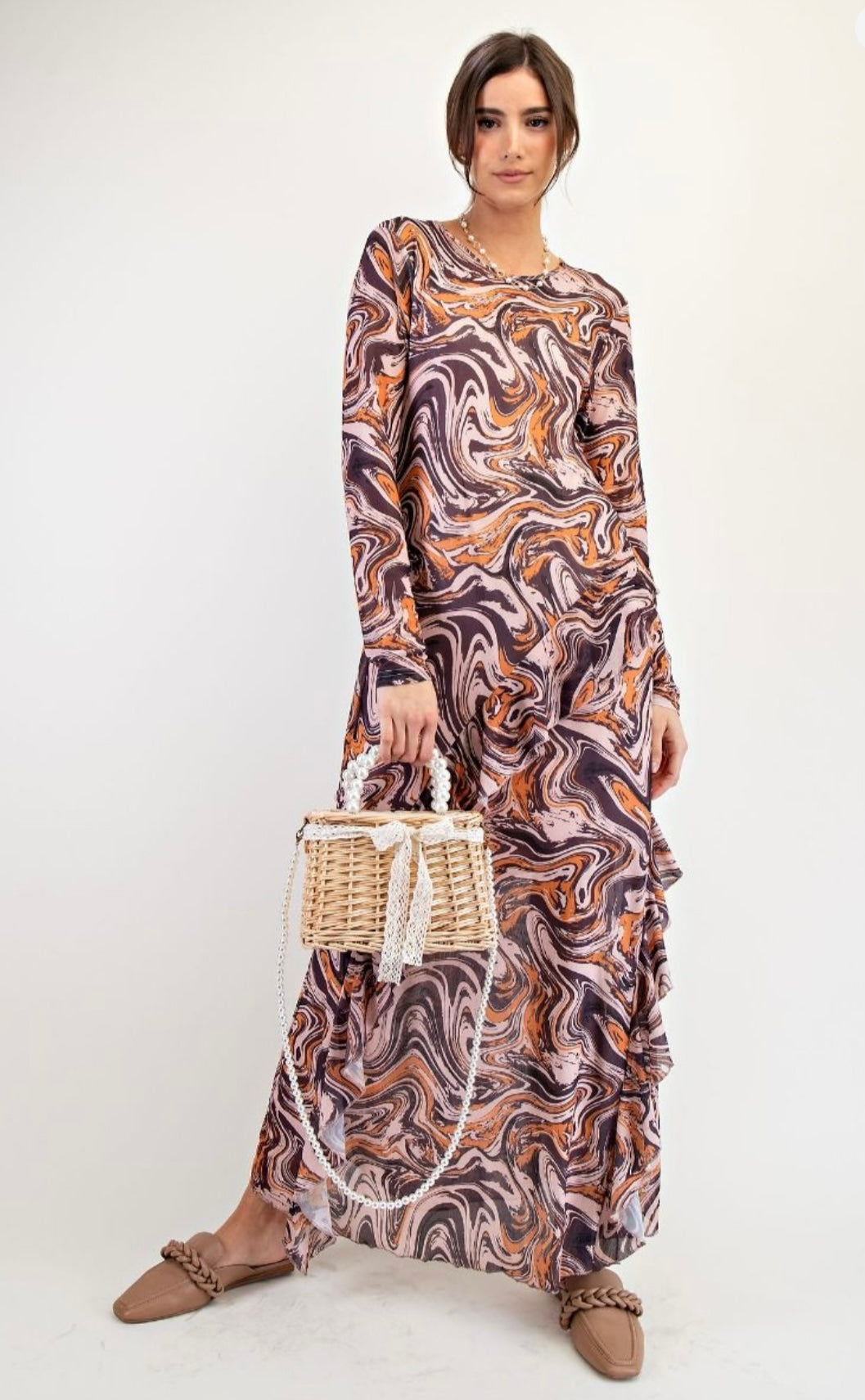 Geo Print Mesh Maxi Dress