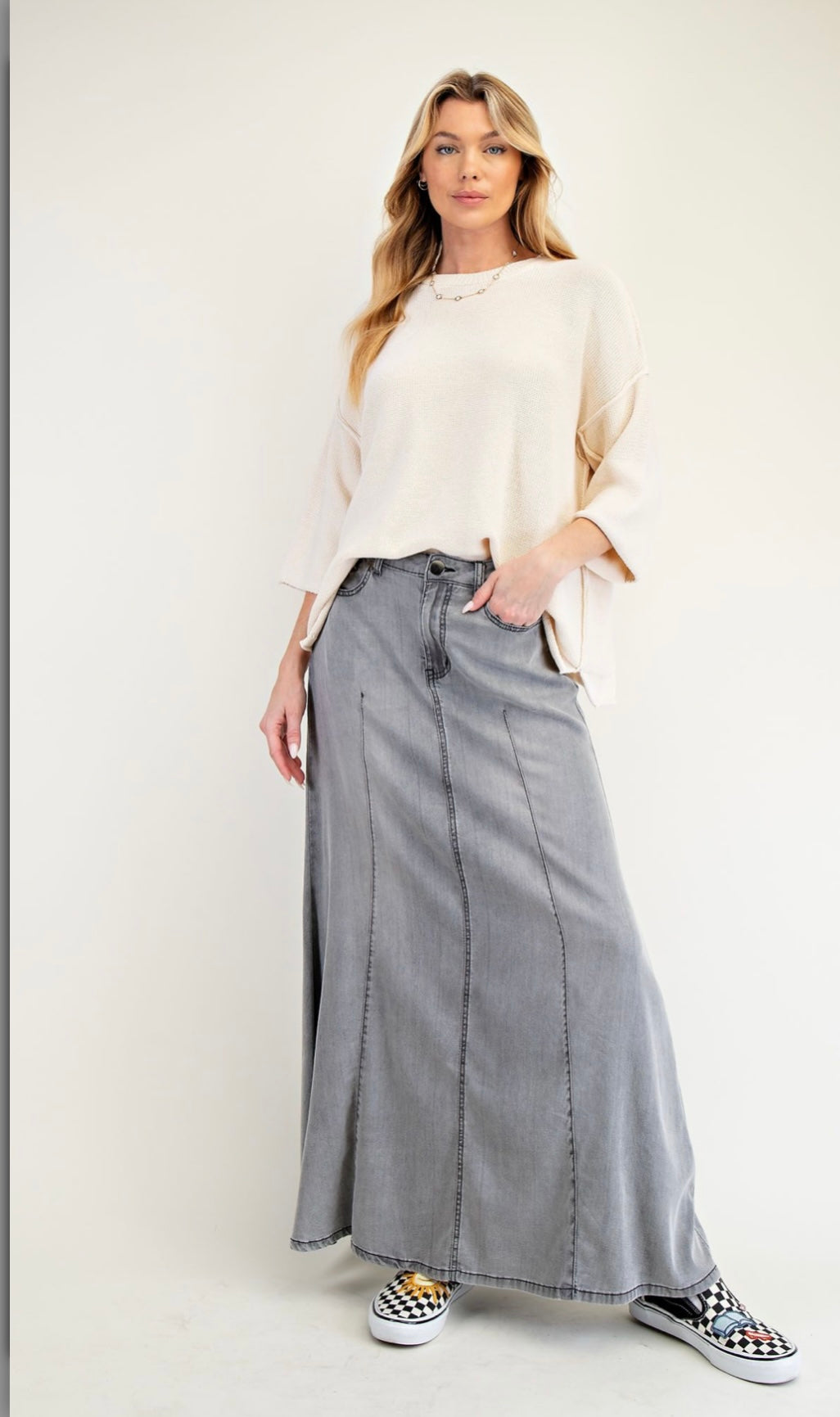 Washed Denim Maxi Skirt