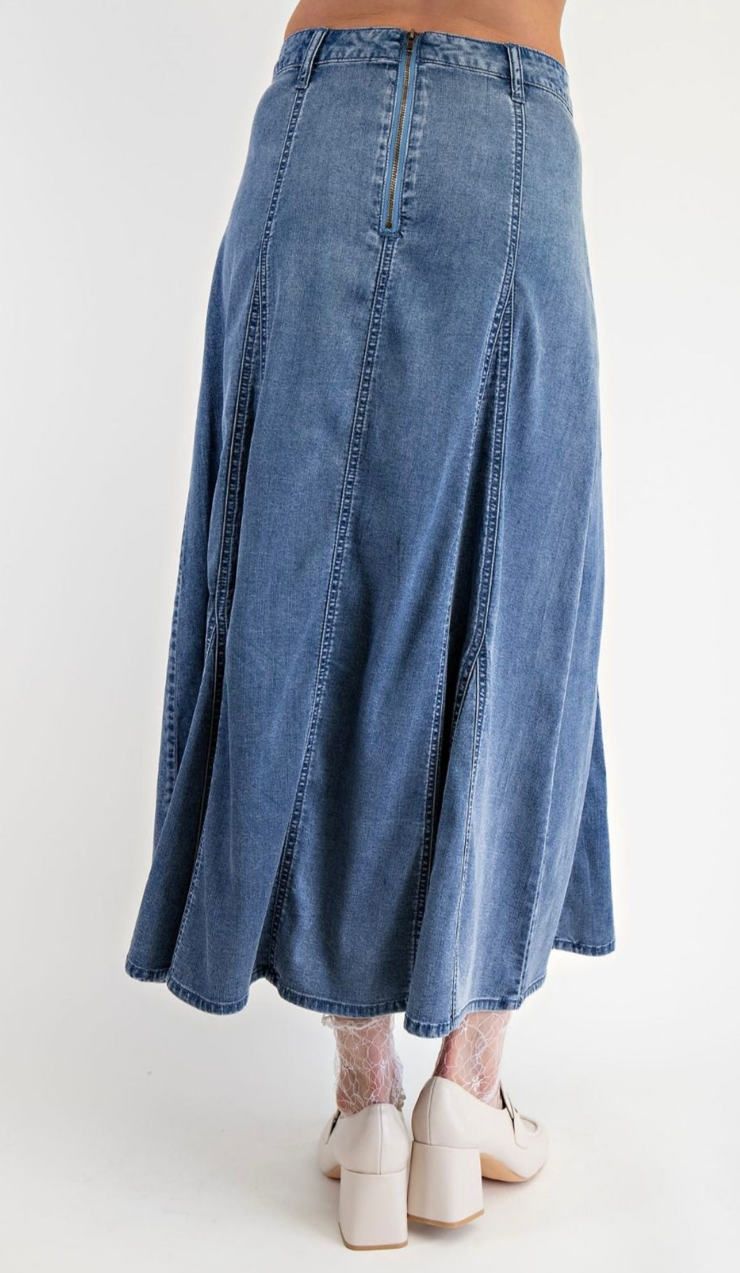 A Line Washed Denim Maxi Skirt